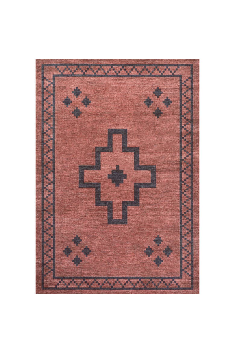 Korsa Geometric Medallion Machine-Washable Area Rug, Alternate, color, Red/Dark Gray