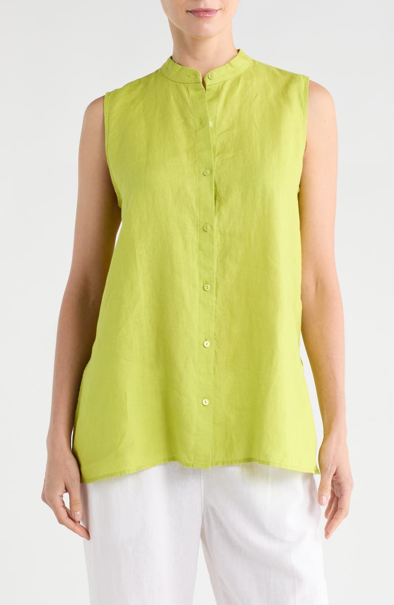 Eileen Fisher Sleeveless Organic Linen Button-Up Shirt, Main, color, Chartreuse