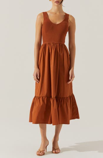 Astr The Label Mixed Media Fit & Flare Dress In Rust Brown