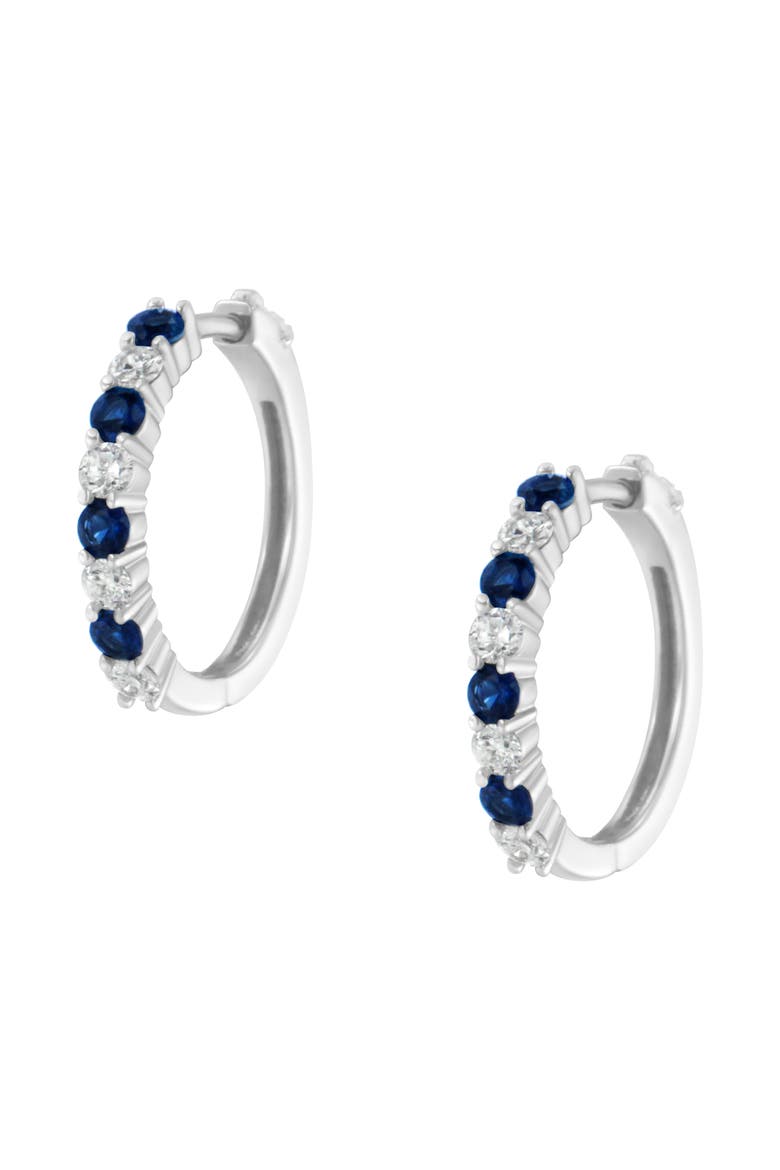 10K White Gold 2.5MM Sapphire Gemstone and 1/2 Cttw Diamond Hoop Earrings, Alternate, color, Blue Sapphire