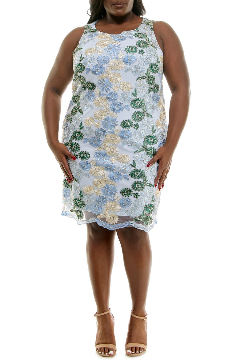 Embroidered Lace Sheath Dress, Main, color, LIGHT BLUE MULTI