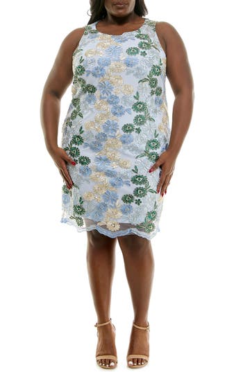 Nina Leonard Embroidered Lace Sheath Dress In Light Blue Multi