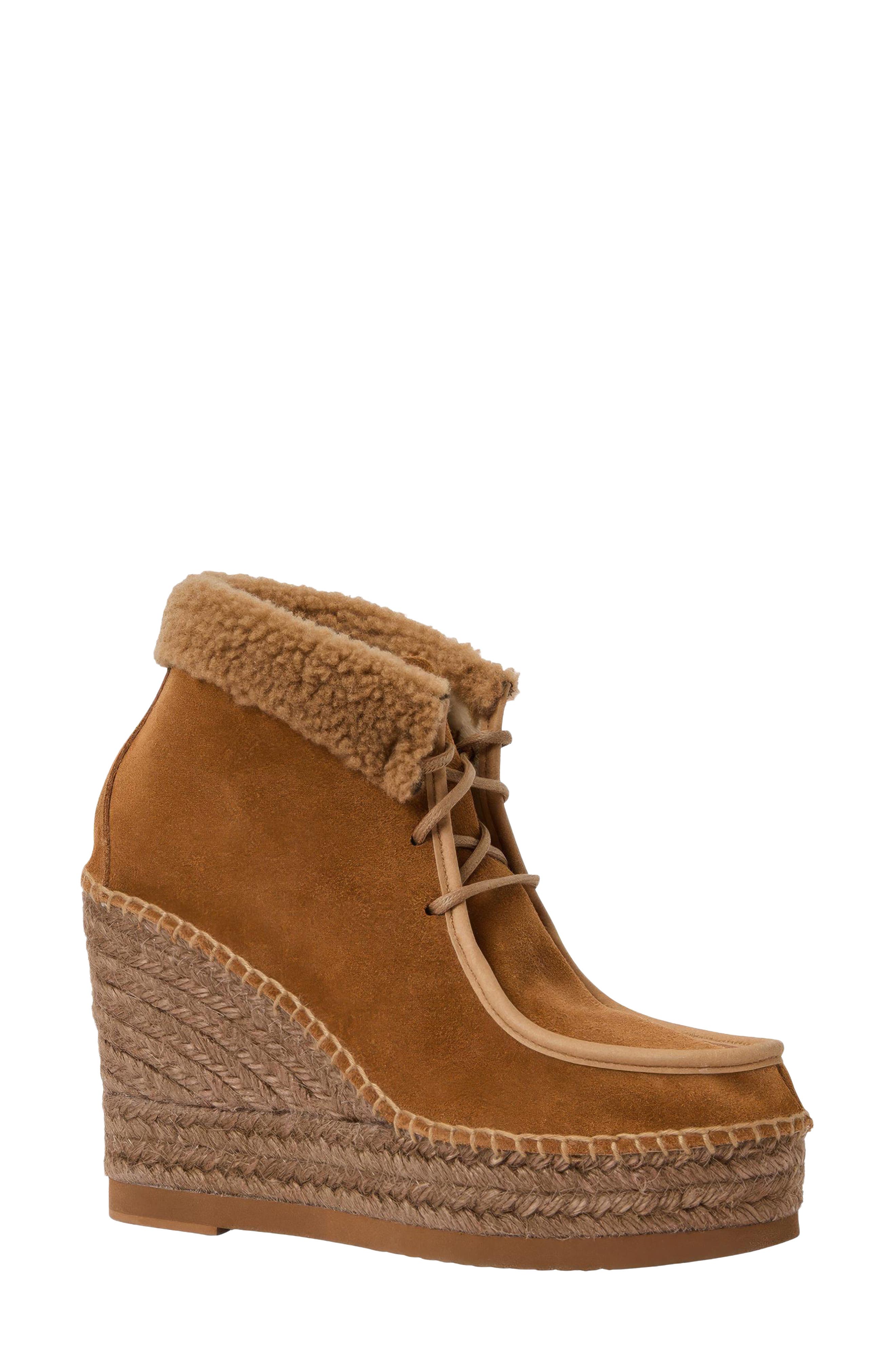 Genuine Shearling & Suede Wedge Bootie, Main, color, COGNAC SUEDE