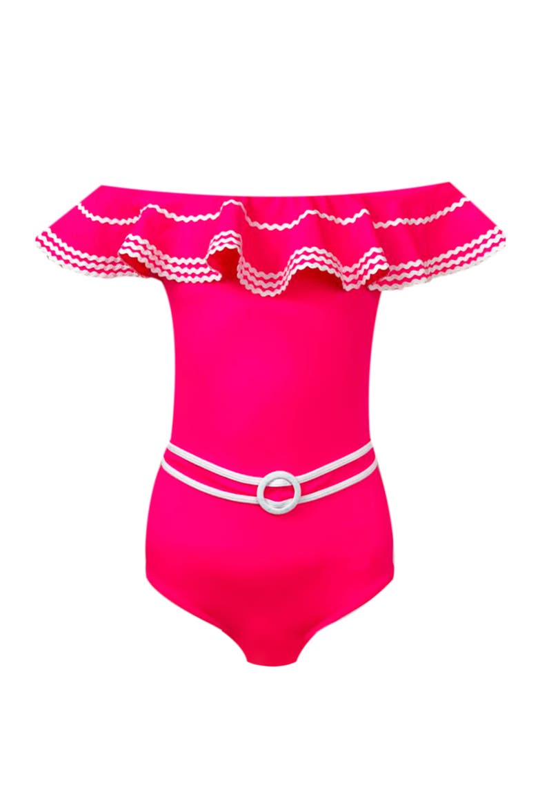 Off Shoulder Ruffle Ric-Rac Trim One Piece Swimsuit, Little Kid-Big Kid, Main, color, Pink