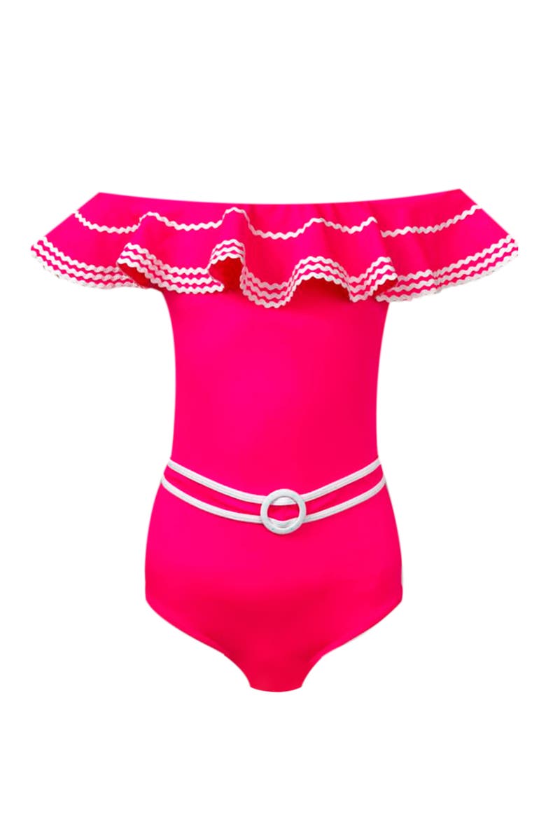 NESSI BYRD Off Shoulder Ruffle Ric-Rac Trim One Piece Swimsuit, Little Kid-Big Kid, Main, color, Pink