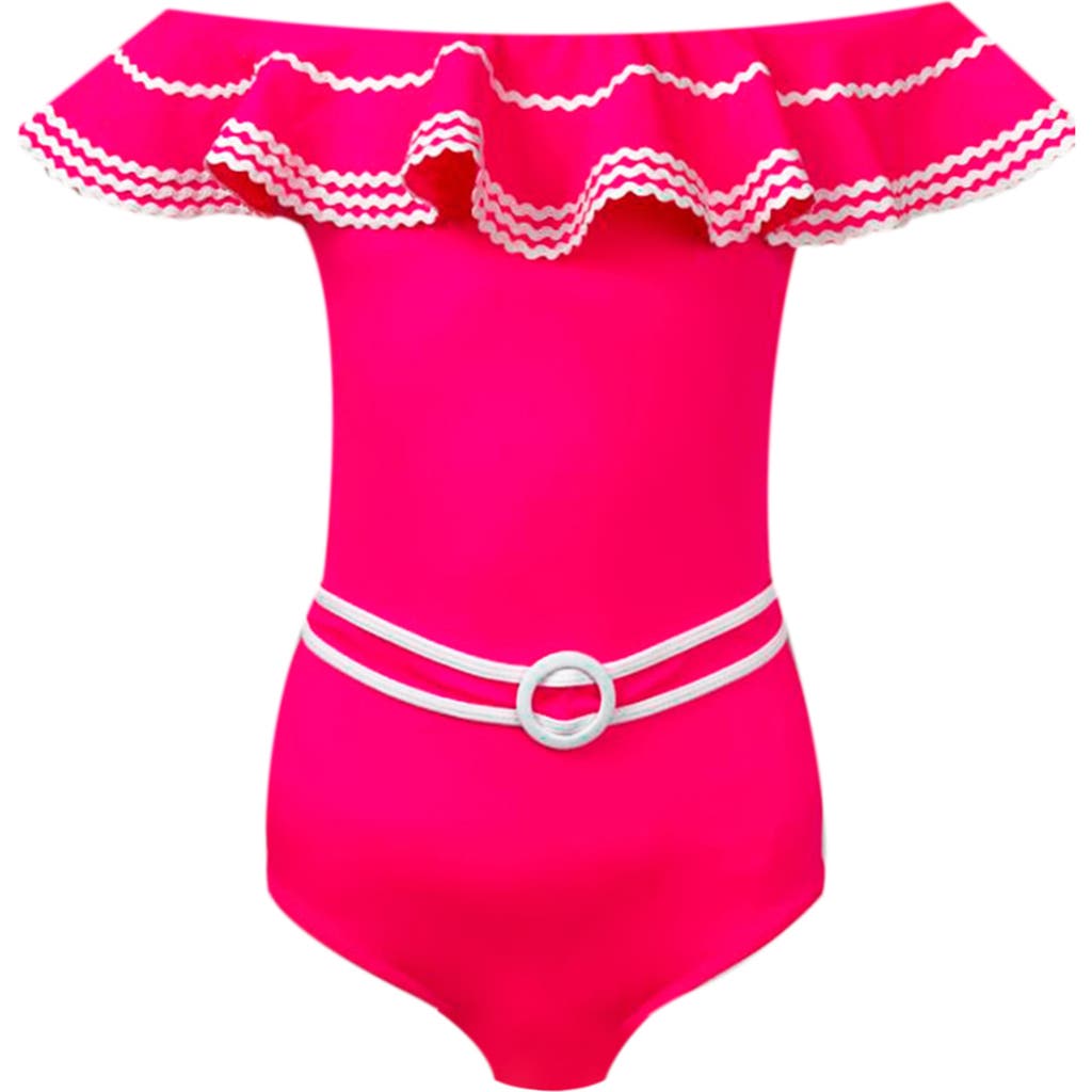 Nessi Byrd Off Shoulder Ruffle Ric-rac Trim One Piece Swimsuit, Little Kid-big Kid In Pink