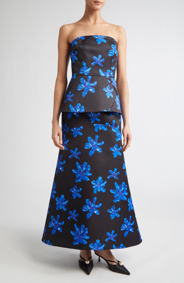 Emilia Wickstead Regan Floral Strapless Genzianella Peplum Top, Alternate, color, Electric Blue Floral On Black