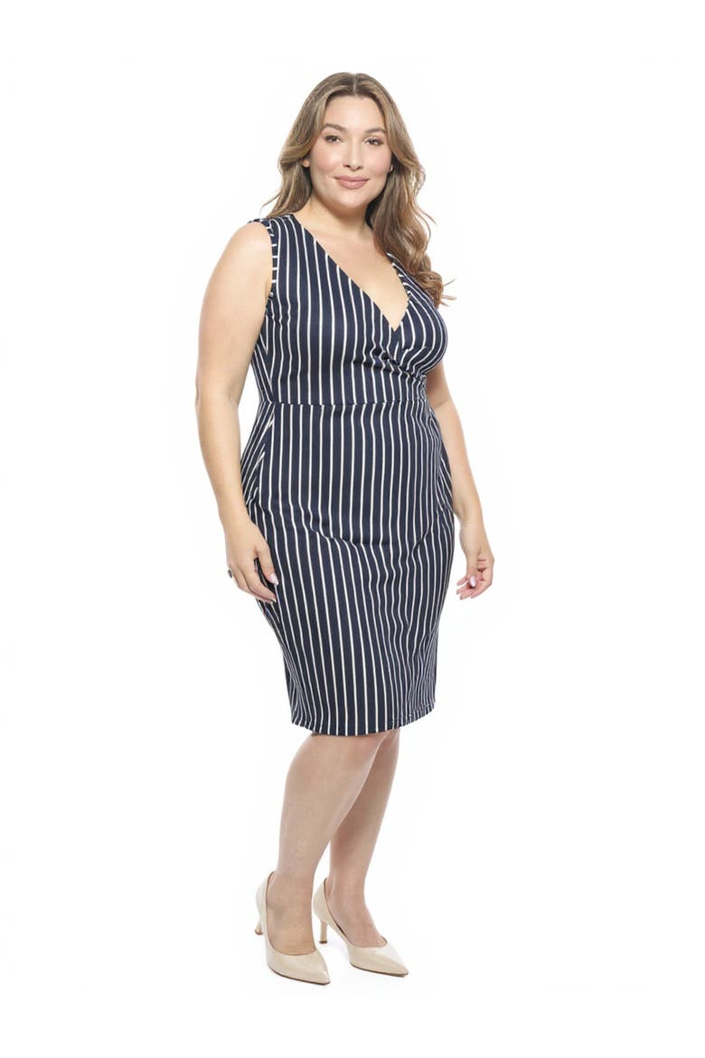 Plus Size Striped V-Neck Sleeveless Faux Wrap Tulip Hem Midi Dress, Alternate, color, Navy Multi