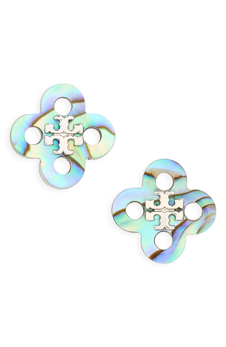 Tory Burch Forget Me Not Stud Earrings, Main, color, Tory Silver / Abalone