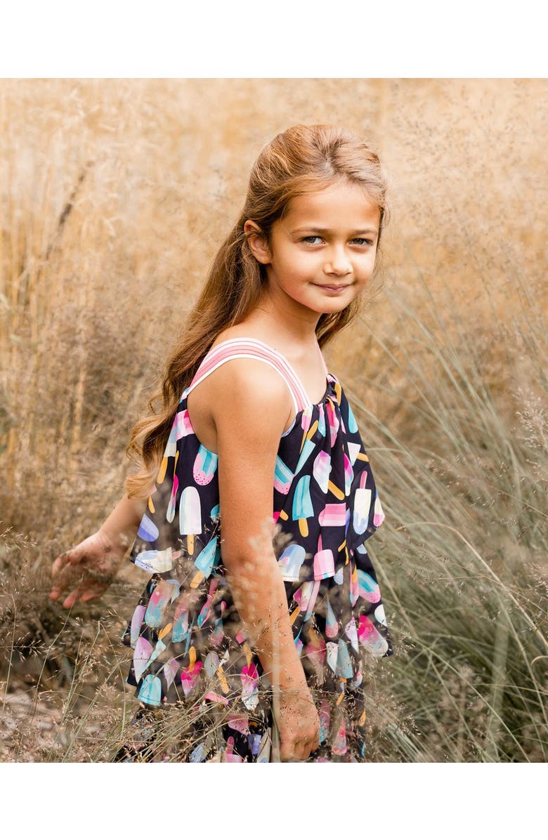 Deux par Deux Little Girl's Printed Tiered Dress Ice Lollipops And Black, Alternate, color, Ice Lollipops And Black