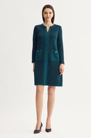 Ming Wang Split V Neck Jacquard Knit Dress