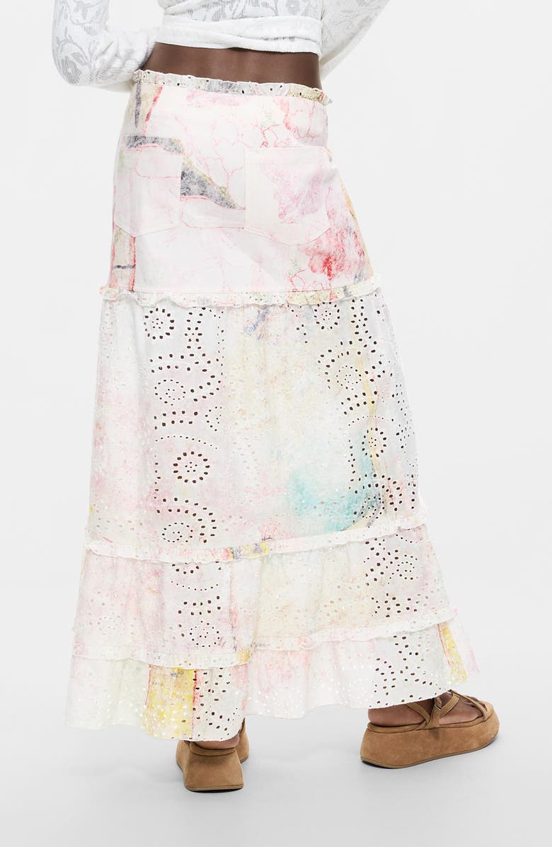 Desigual Floral Eyelet Embroidered Tiered Midi Skirt, Alternate, color, Off White