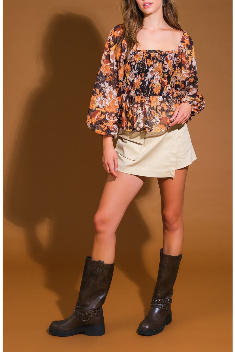 Floral Long Sleeve Peplum Top, Alternate, color, BLACK