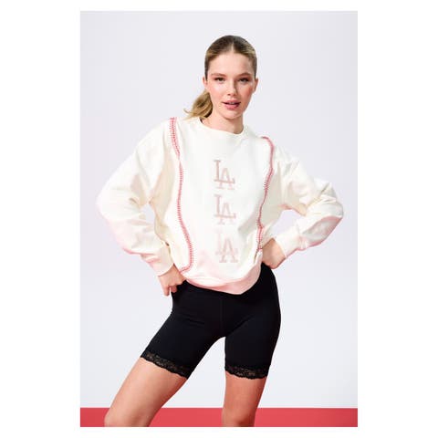 Women's Terez  Cream Los Angeles Dodgers Baseball Stitch Pullover Sweatshirt