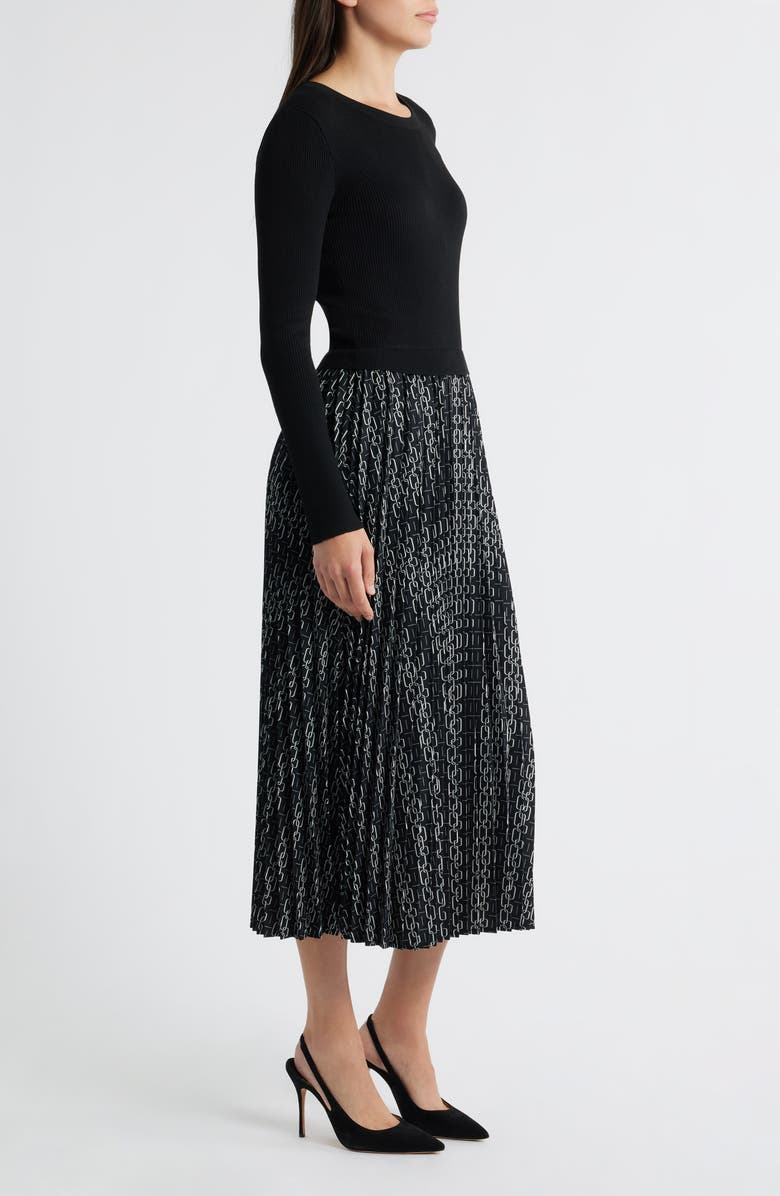 ZOE AND CLAIRE Pleated Long Sleeve Mixed Media Dress, Alternate, color, Black Multi