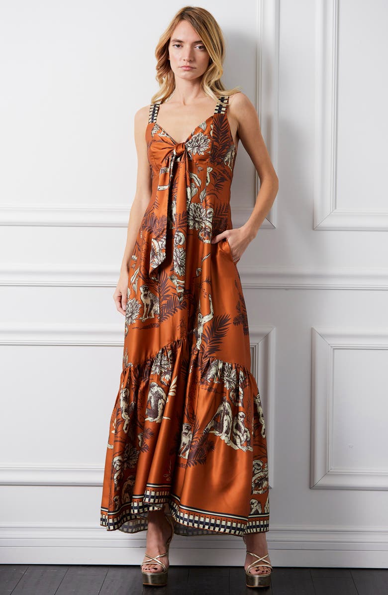 CIEBON Kira Print Front Tie Satin Maxi Dress, Alternate, color,