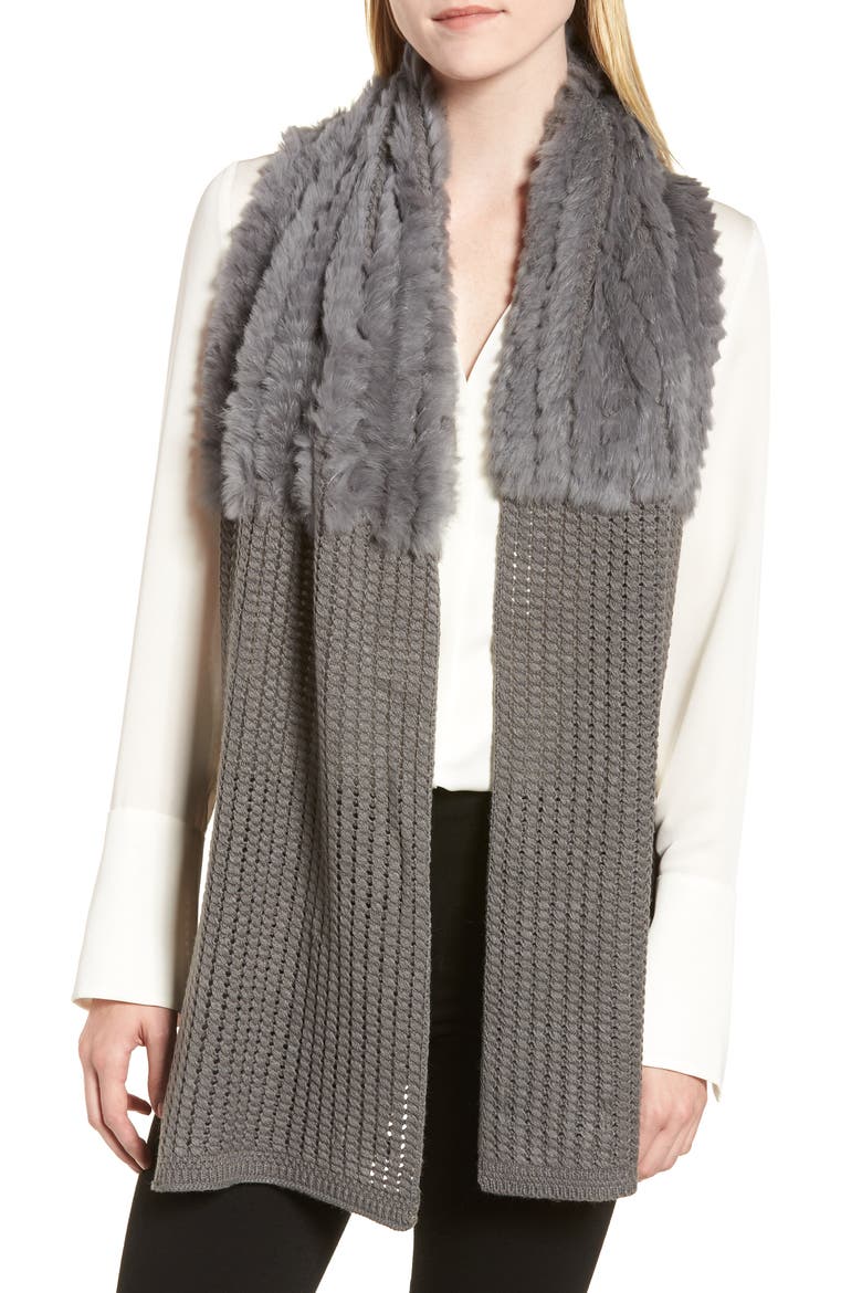 Genuine Rabbit Fur & Acrylic Knit Scarf, Main, color, GREY