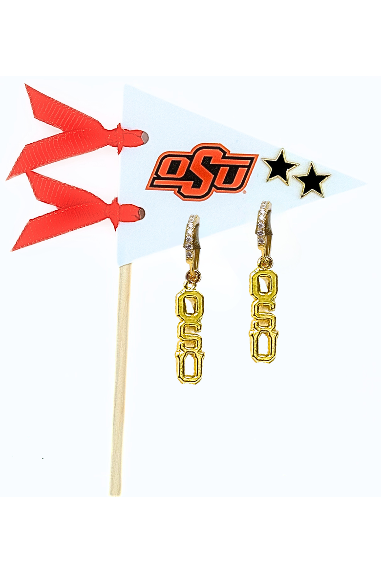 Oklahoma State University Pennant Pair Earring Set, Alternate, color, Yellow Gold