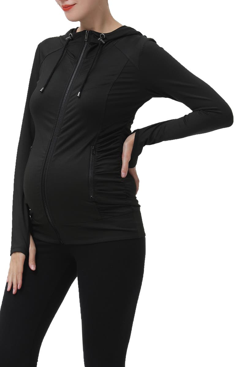 Kimi and Kai Momo Ruched Zip Maternity Hoodie, Alternate, color, Black
