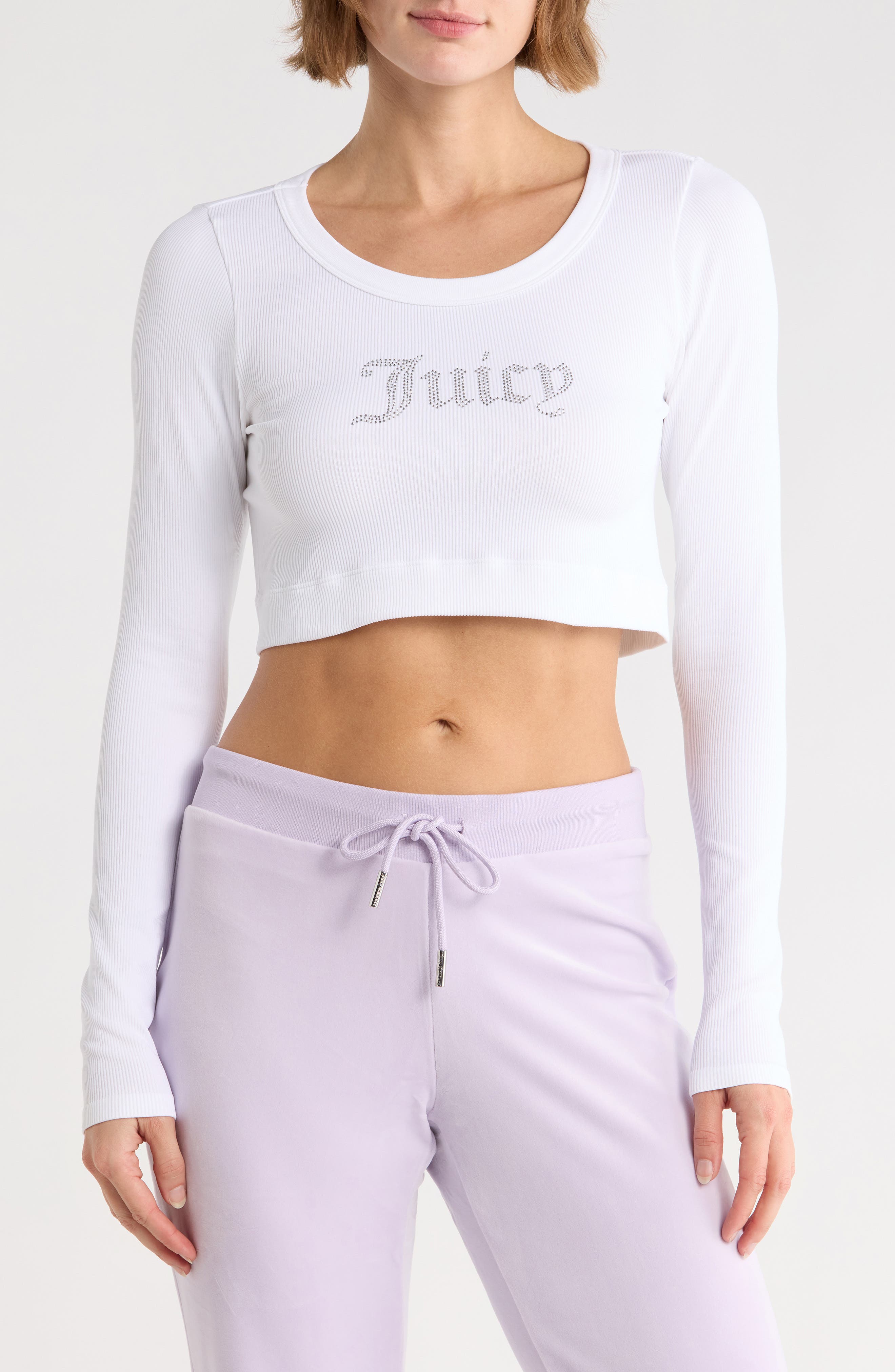 Juicy Couture Rhinestone Embellished Logo Long Sleeve Crop T-Shirt