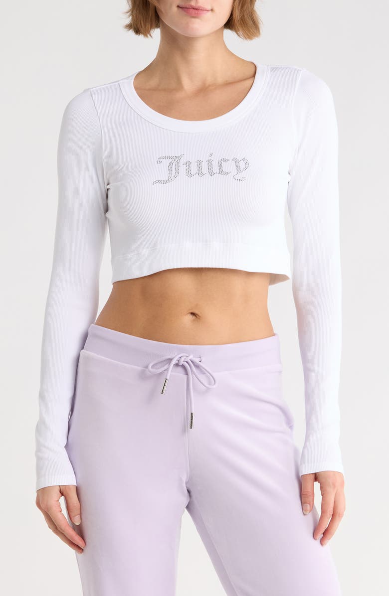 Juicy Couture Rhinestone Embellished Logo Long Sleeve Crop T-Shirt, Main, color, White