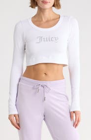 Juicy Couture Rhinestone Embellished Logo Long Sleeve Crop T-Shirt