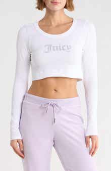 Juicy Couture Rhinestone Embellished Logo Long Sleeve Crop T-Shirt