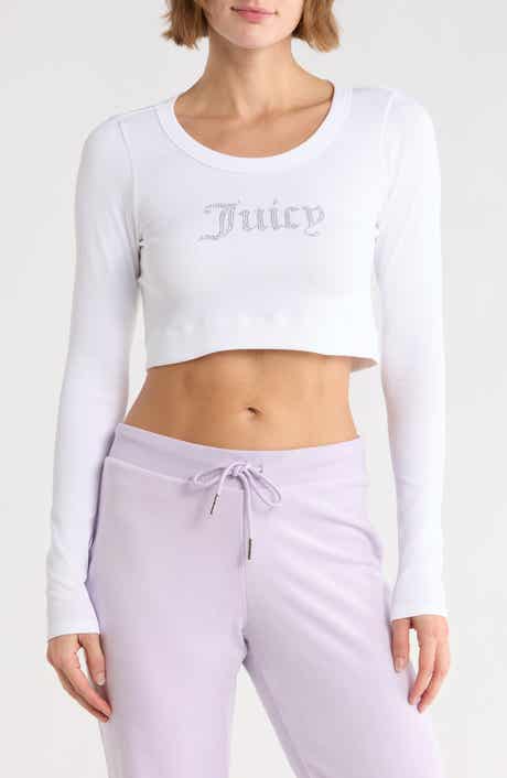 Juicy Couture Rhinestone Embellished Logo Long Sleeve Crop T-Shirt
