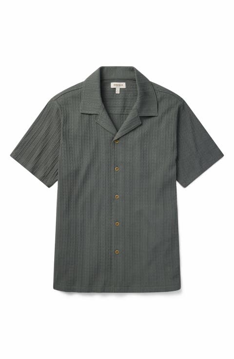 Textured Stripe Knit Cotton Blend Camp Shirt