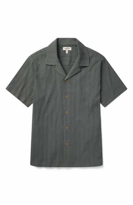 Textured Stripe Knit Cotton Blend Camp Shirt