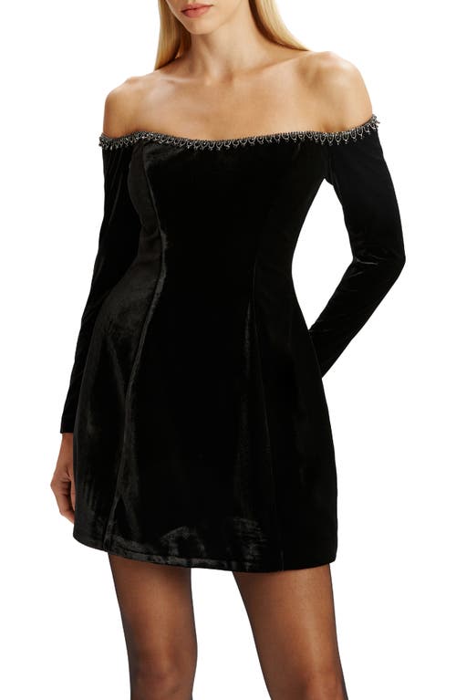 Bardot Nadene Embellished Trim Long Sleeve Off The Shoulder Velvet Minidress In Blue