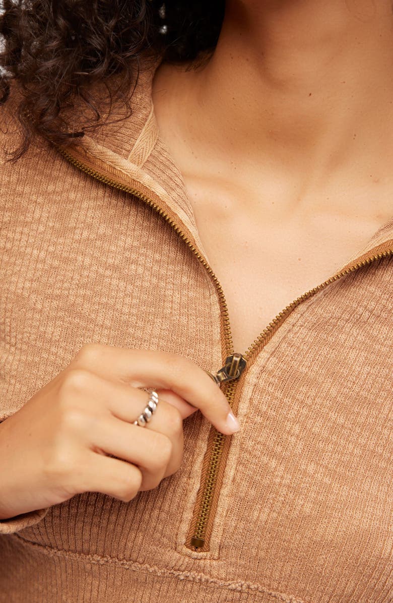 Free People Midnight Stretch Cotton Half Zip Crop Top, Alternate, color, Tobacco