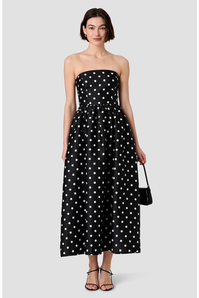 Polka Dot Strapless Taffeta Midi Dress, Alternate, color, BLACK-SUMMER WHITE