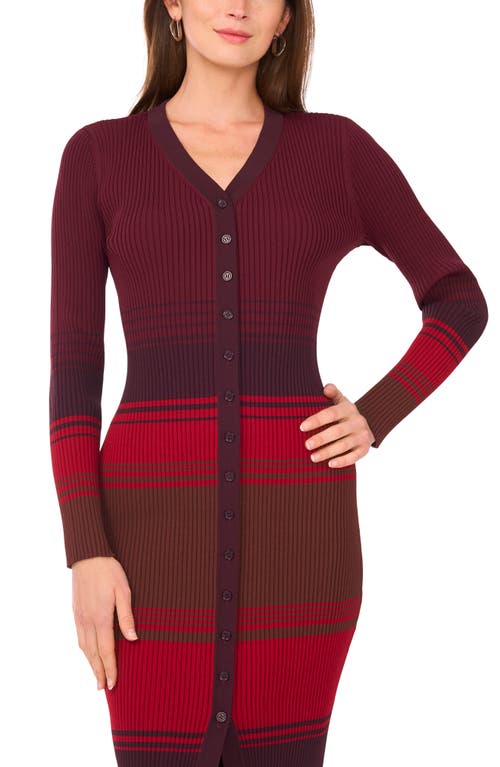 1.state Stripe Long Sleeve Button Front Sweater Dress In Burgundy