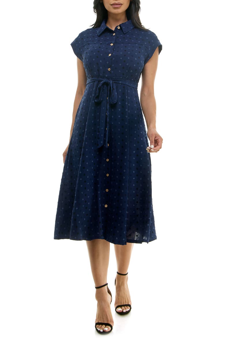 Swiss Dot Cap Sleeve Midi Shirtdress, Main, color, NAVY MULTI