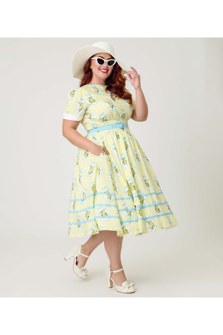 Plus Size Boatneck Ricrac Swing Dress, Alternate, color, Yellow Stripe W/ Lemon Print