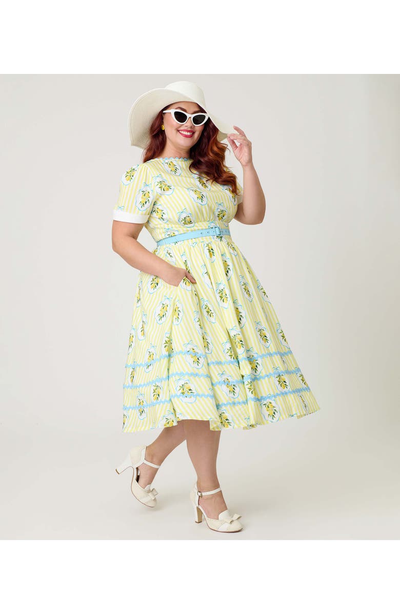 Unique Vintage Plus Size Boatneck Ricrac Swing Dress, Alternate, color, Yellow Stripe W/ Lemon Print