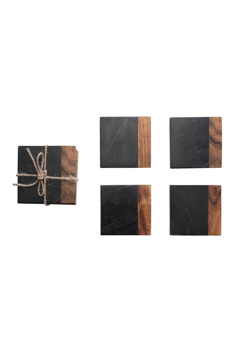 Storied Home Marble and Acacia Wood 2-Tone Coasters, Black and Natural, Set of 4, Main, color, Black