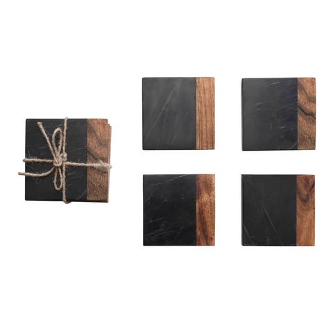 Marble and Acacia Wood 2-Tone Coasters, Black and Natural, Set of 4