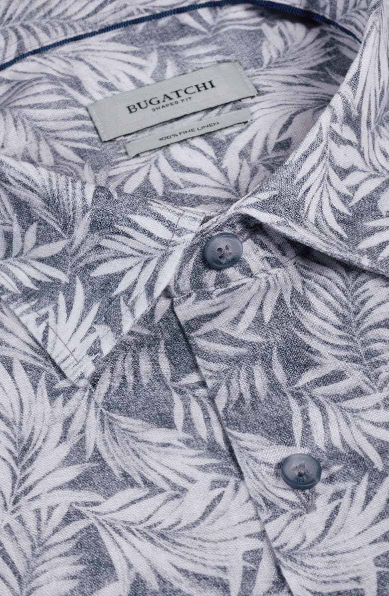 Bugatchi Julian Shaped Fit Palm Leaf Print Linen Button-Up Shirt, Alternate, color, Navy