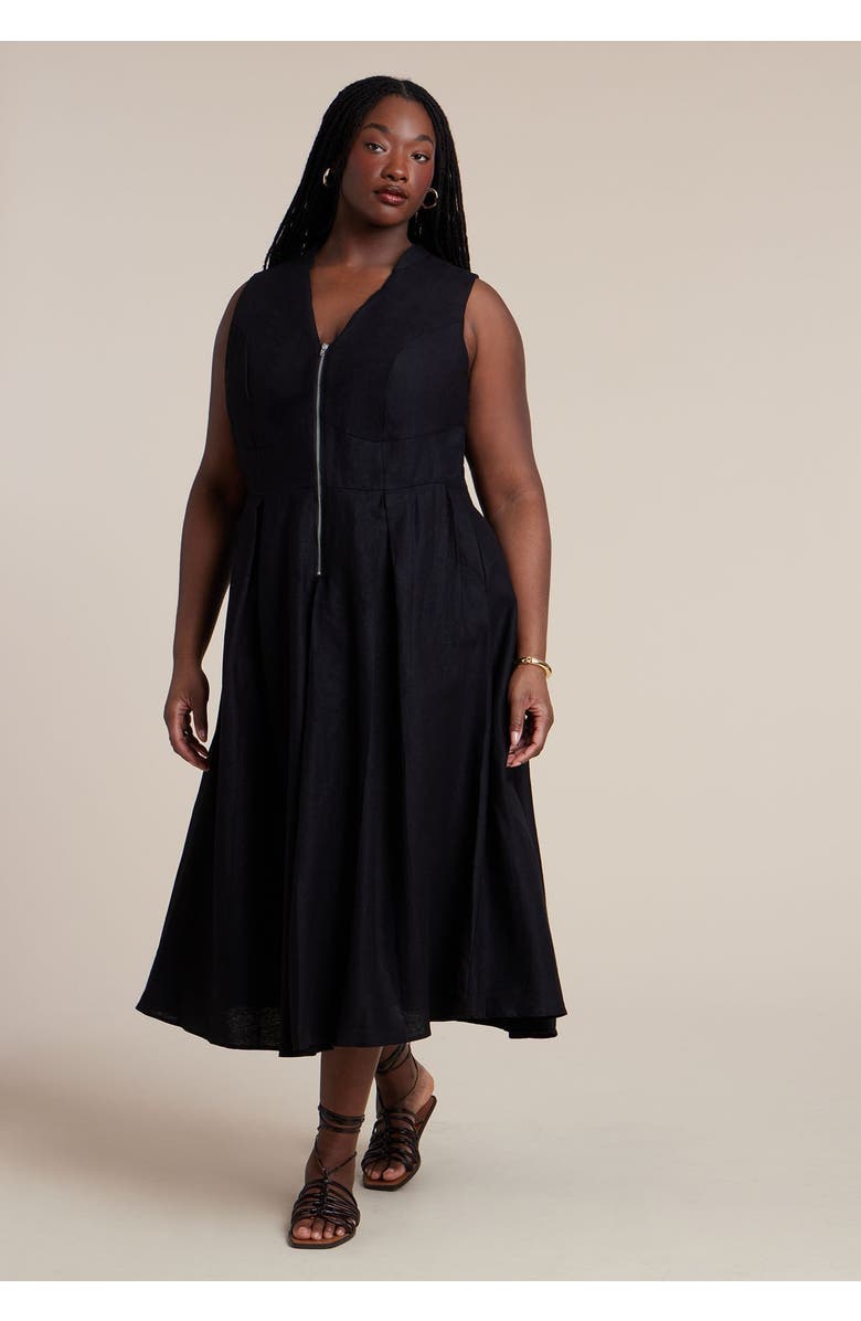 ELOQUII Zipper Detail Linen Maxi Dress, Main, color, Black Onyx