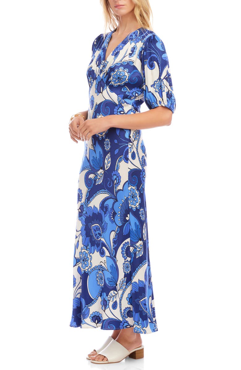 Karen Kane Floral Puff Sleeve Bias Maxi Dress, Alternate, color, Blue Print