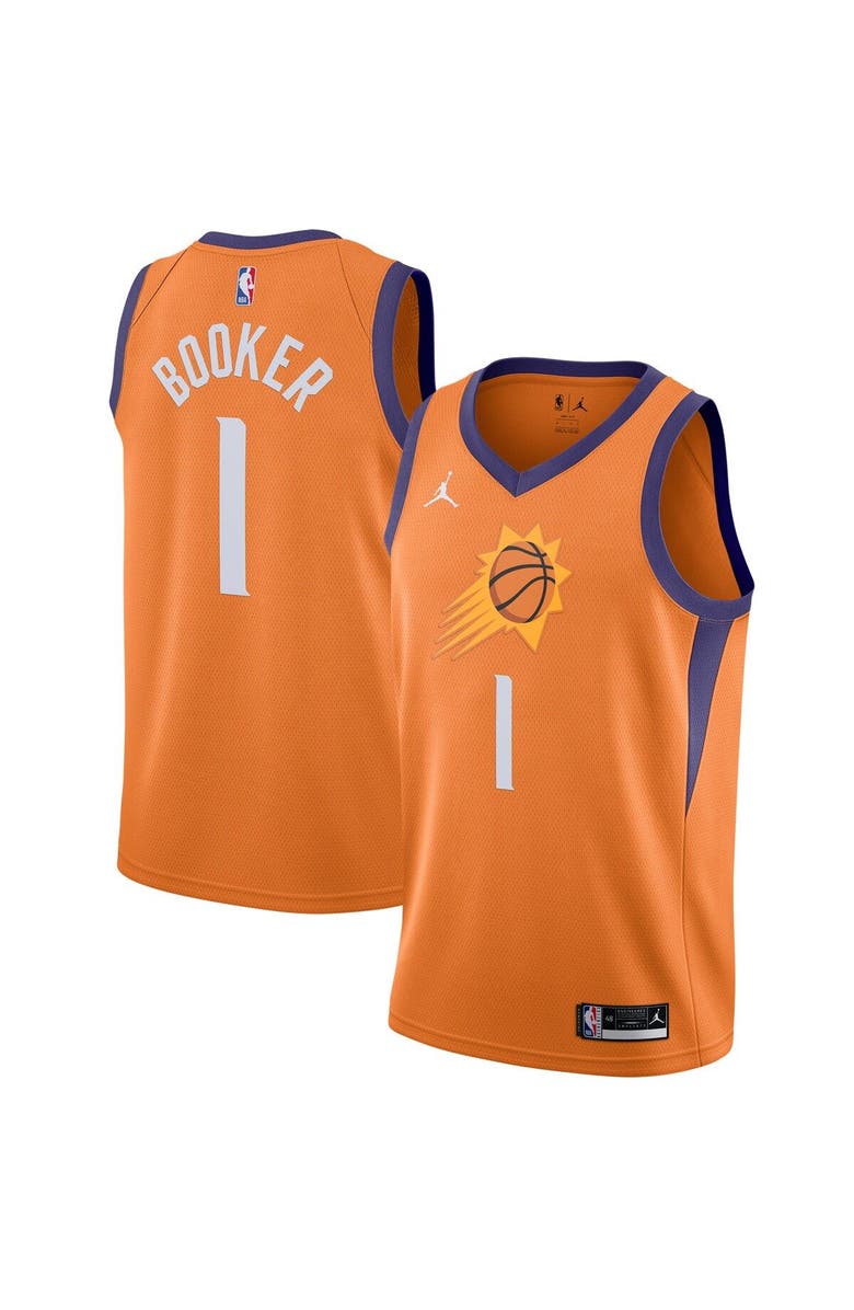 Jordan Brand Men's Jordan Brand Devin Booker Orange Phoenix Suns 2020/21 Swingman Jersey - Statement Edition, Main, color,