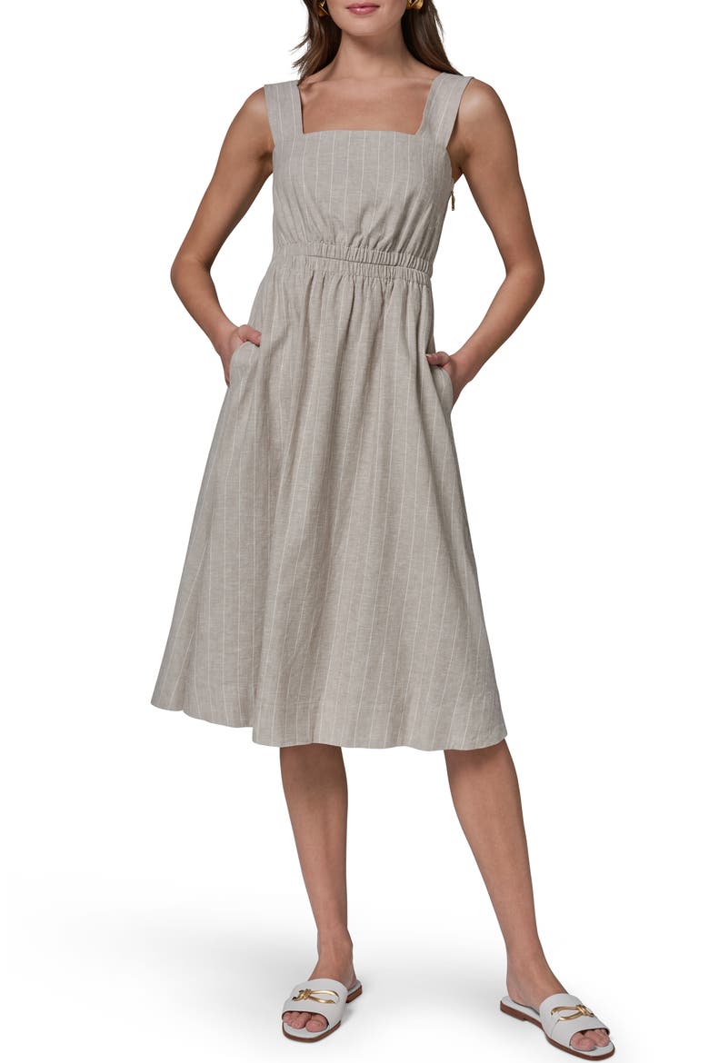 Stripe Linen Blend Midi Dress, Main, color, TUSCAN GREY