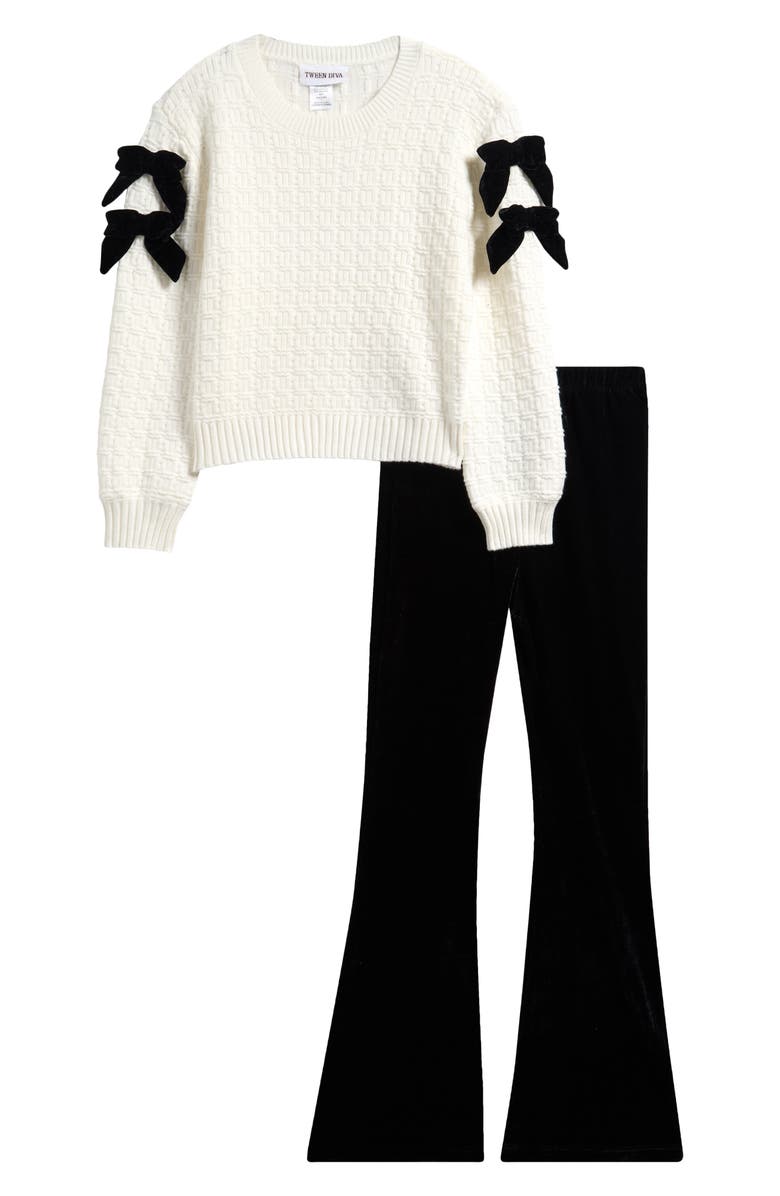 Tween Diva Kids' Bow Textured Velvet Sweater & Flared Leggings Set, Main, color, Ivory