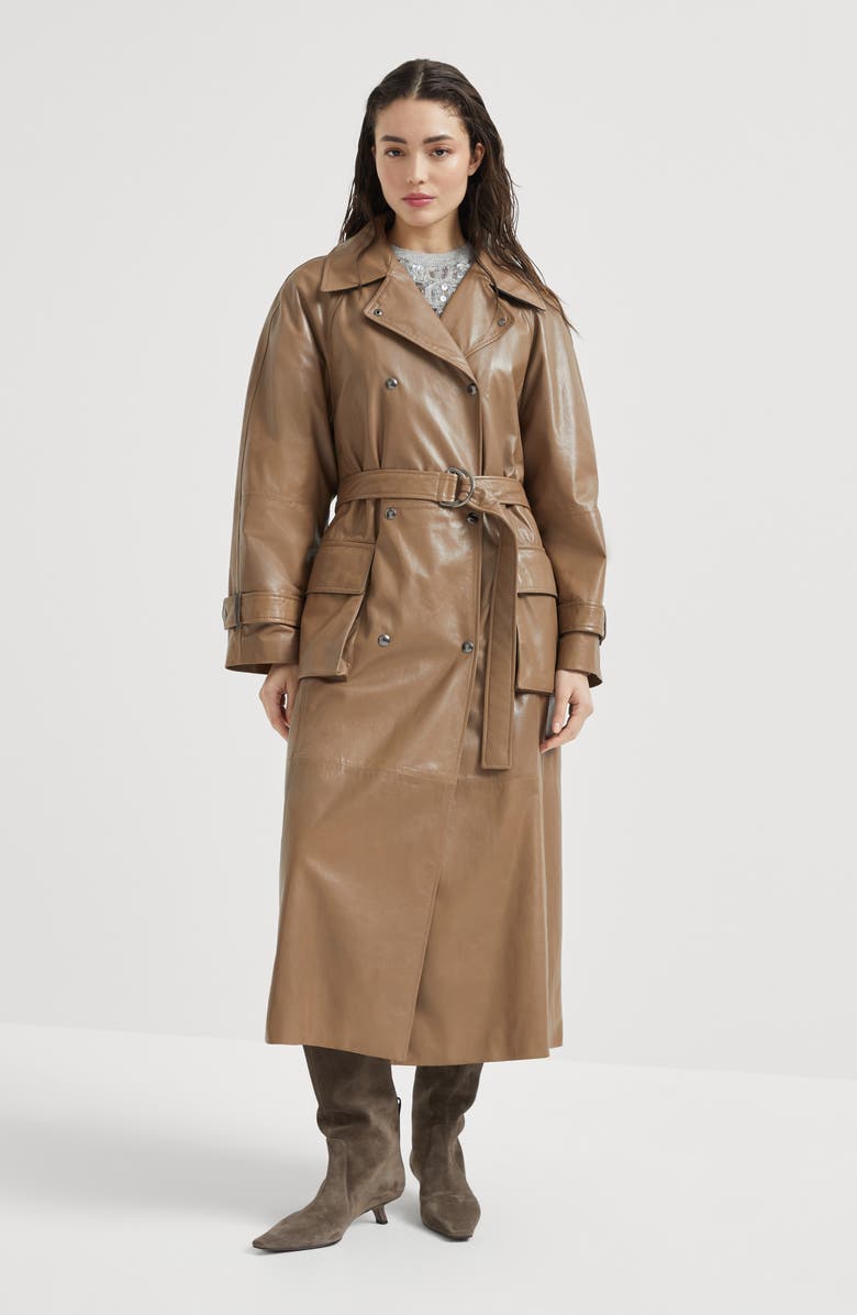 Brunello Cucinelli Polished nappa leather trench with monili, Alternate, color, Cognac
