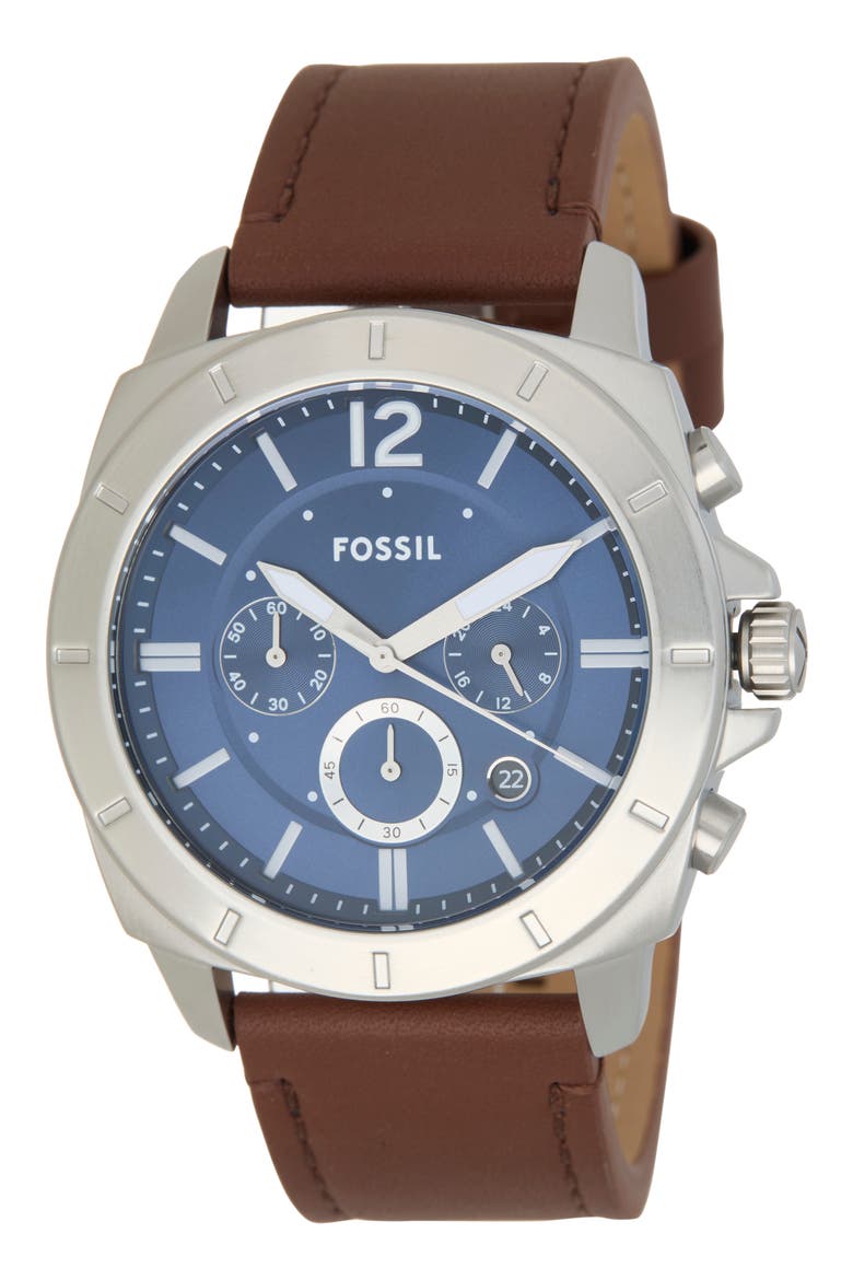 Privateer Chronograph Brown Leather Watch, Main, color, SILVER