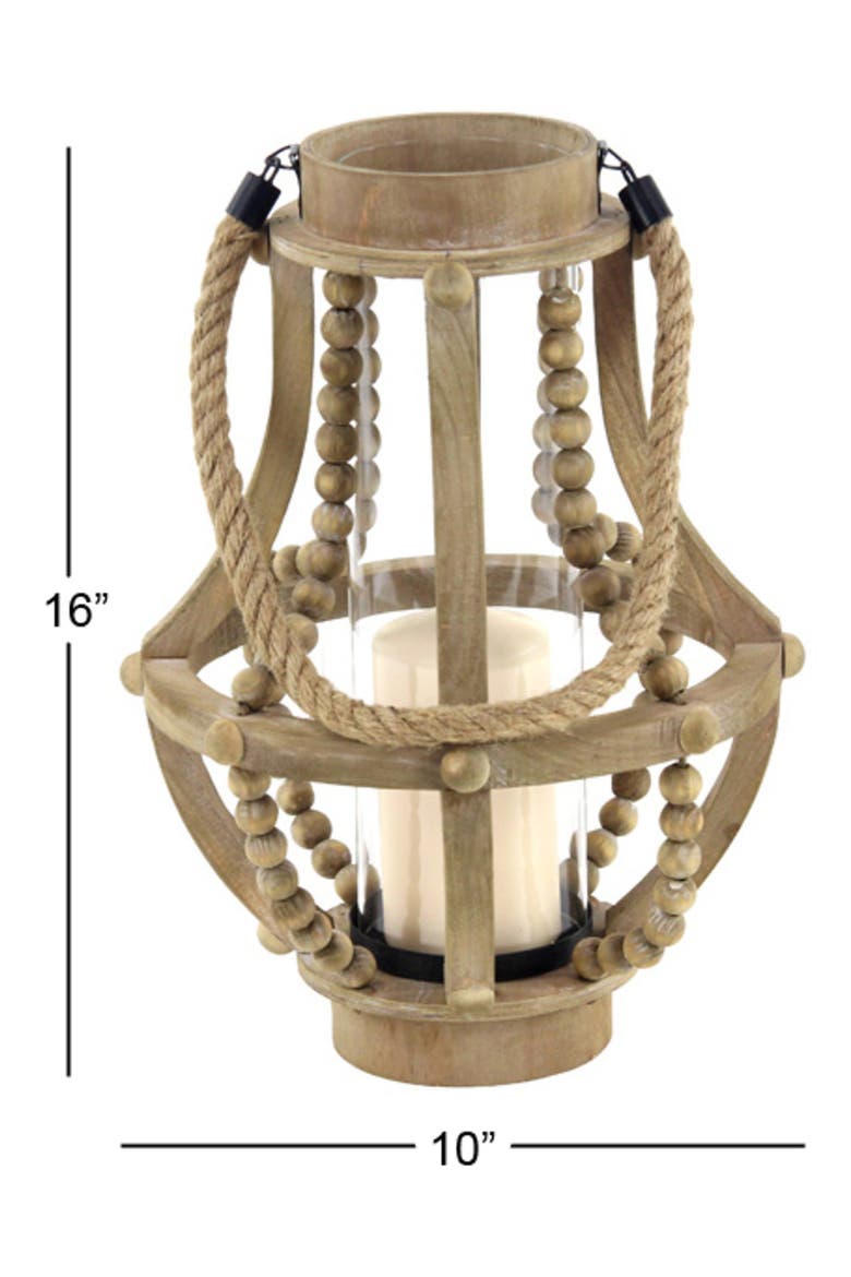 Beige Reclaimed Wood Beaded Pillar Candle Lantern, Alternate, color, BEIGE