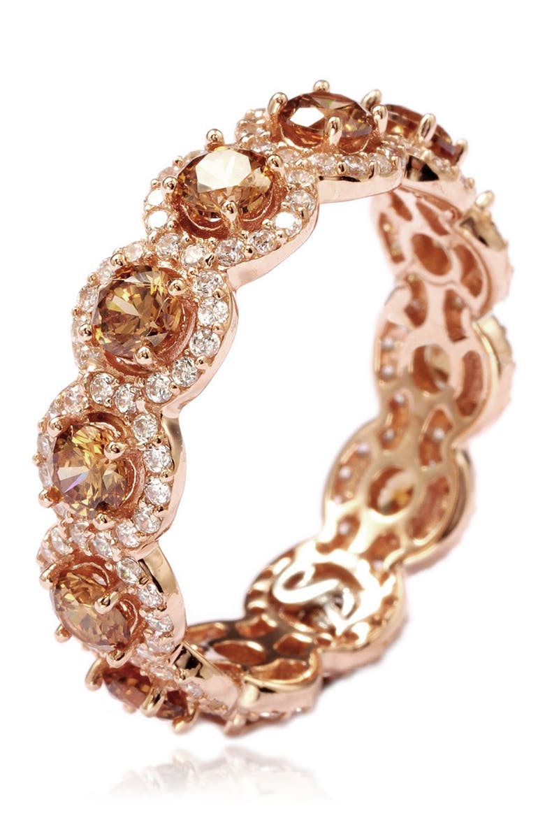 14K Rose Gold Plated Sterling Silver CZ Champagne Round Eternity Band Ring, Alternate, color, BROWN