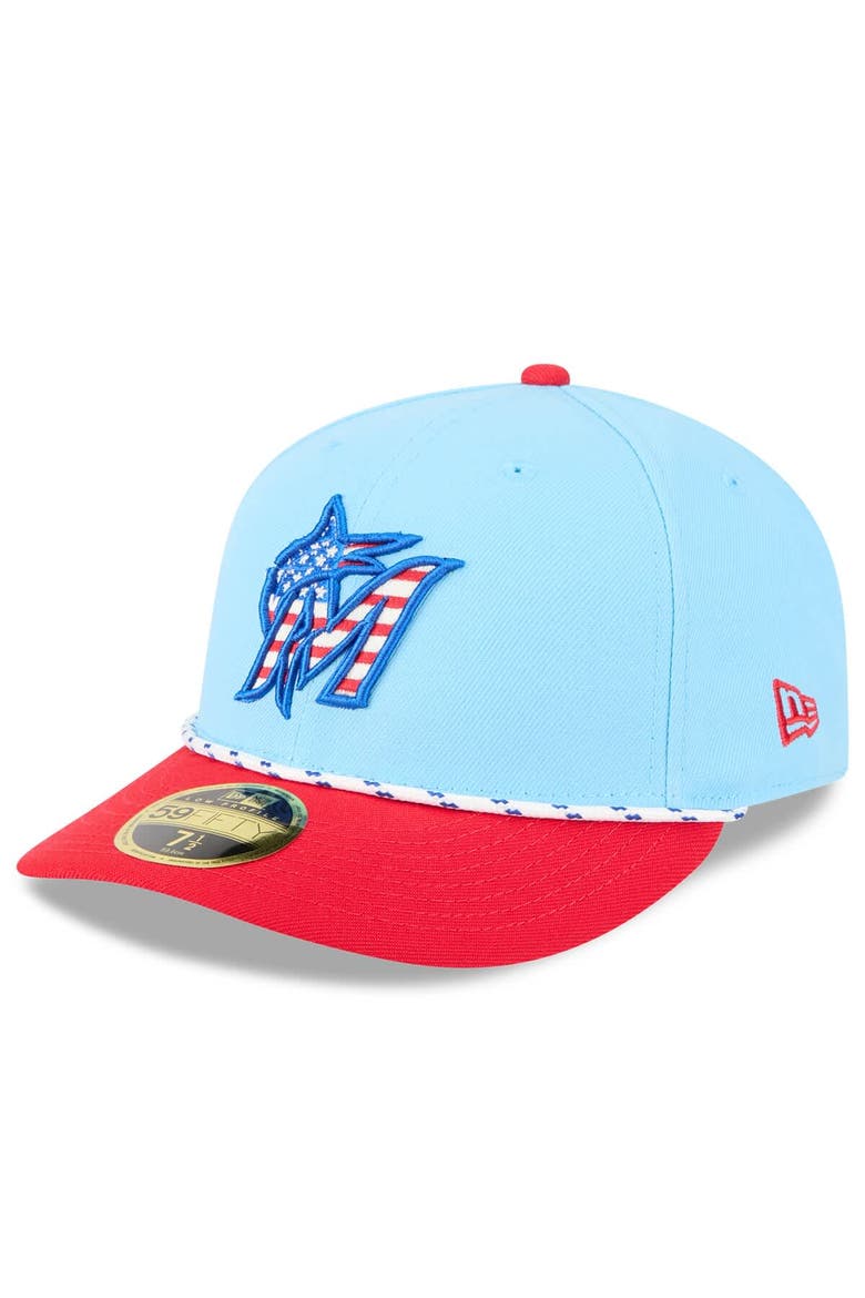 Men's New Era Light Blue/Red Miami Marlins 2025 Fourth of July Low Profile 59FIFTY Fitted Hat, Alternate, color, Light Blue